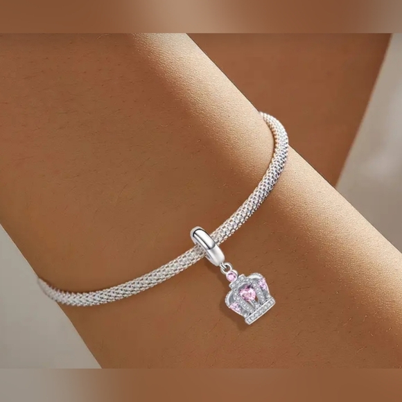 Elegant .925 Silver Plated Crown Charm Pendant with Pink Accents - Picture 4 of 5